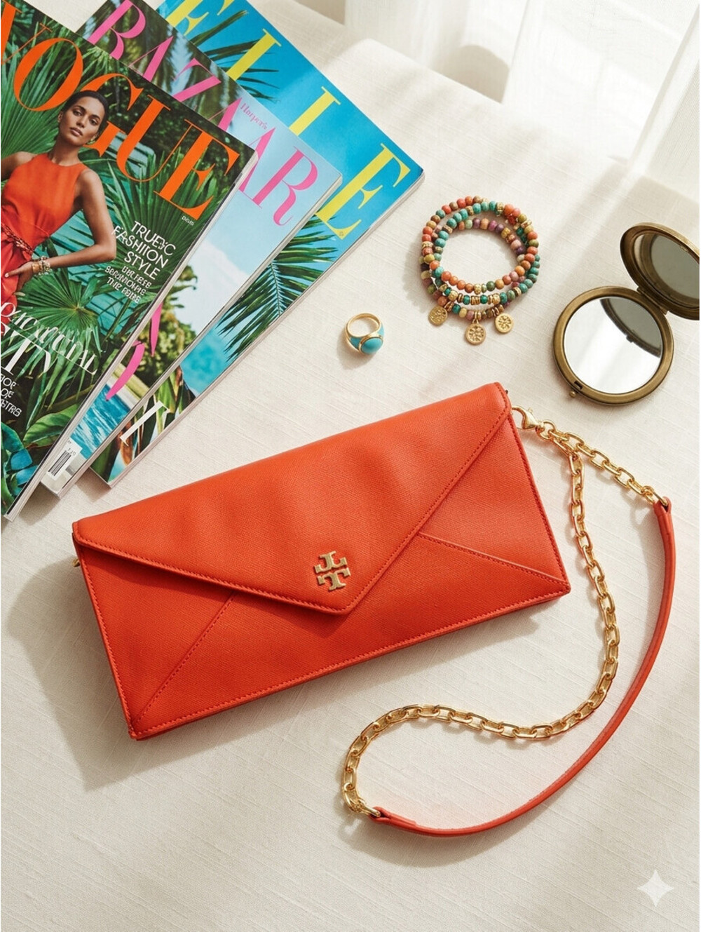 TORY BURCH Emerson Poppy Orange Saffiano Leather Envelope Clutch Removable Chain